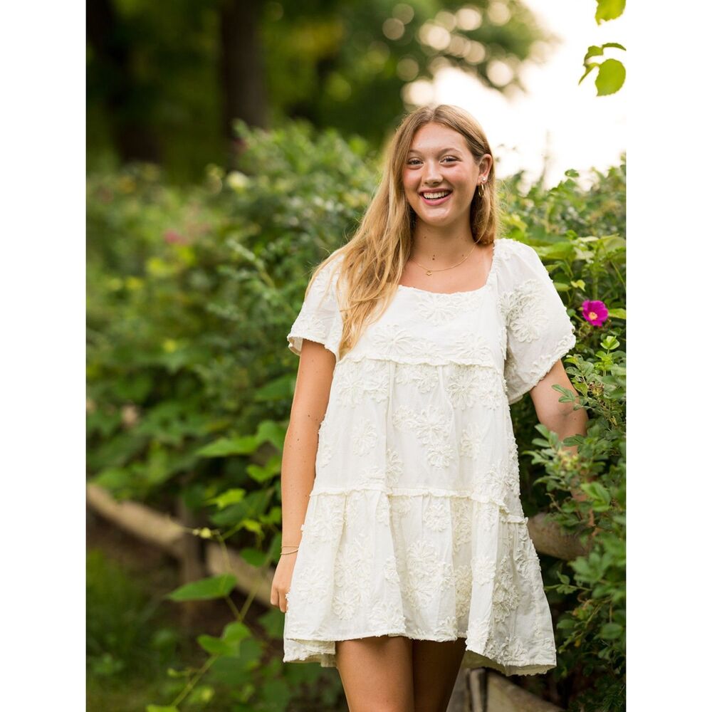 Solai The Label Boho Baby Doll Mini Dress - Floral Motif Cream S